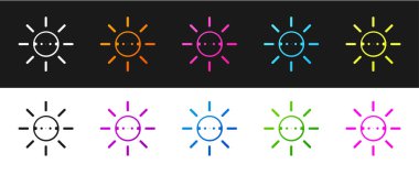 Güneş enerjisi simgesini siyah beyaz arkaplanda izole et. Yıldırım sembollü güneş. Vektör.