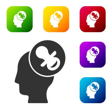 Siyah Bebek emzik simgesi beyaz arkaplanda izole edildi. Çocuk oyuncağı. Renkli kare düğmelerle simgeleri ayarla. Vektör.