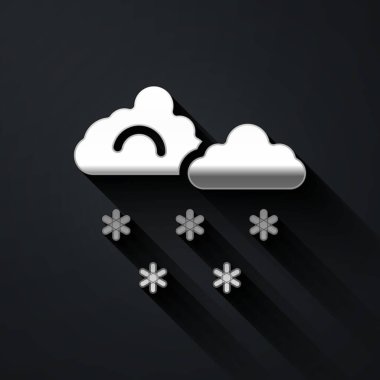 Siyah arkaplanda izole edilmiş kar ikonu olan Gümüş Bulut. Kar taneli bulut. Tek hava ikonu. Kar tabelası. Uzun gölge tarzı. Vektör.