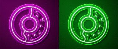Mor ve yeşil arka planda izole edilmiş tatlı cam ikonlu parlak neon çizgili çörek. Vektör İllüstrasyonu.