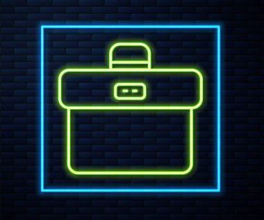 Parlayan neon hattı evrak çantası simgesi tuğla duvar arka planında izole edildi. İş ilanı. İş portföyü. Vektör.