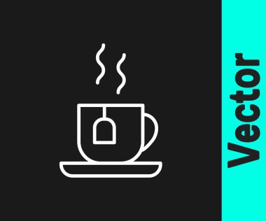 Siyah arka planda izole edilmiş çay poşeti ikonu olan beyaz çay fincanı. Vektör.