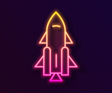 Siyah arka planda izole edilmiş ateş ikonu olan parlak neon çizgili roket gemisi. Uzay yolculuğu. Vektör.