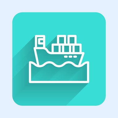 Kutu teslimat ikonuna sahip beyaz çizgi kargo gemisi uzun gölgeli izole edilmiş. Teslimat, ulaşım. Paketleri, kutuları, malları olan bir şilep. Yeşil kare düğmesi. Vektör.