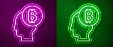 Parlayan neon hattı Bitcoin, mor ve yeşil arkaplanda izole edilmiş bir simge olduğunu düşünüyor. Kripto para birimi başı. Engelleme teknolojisi, dijital para piyasası, şifreli para cüzdanı. Vektör.