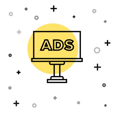 Beyaz arkaplanda siyah çizgi reklam simgesi izole edildi. Pazarlama ve tanıtım süreci kavramı. İlgili reklamlar. Sosyal medya reklamcılığı. Rastgele dinamik şekiller. Vektör.