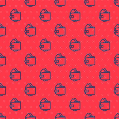 Mavi çizgili cüzdan, kağıt para desteleri, nakit para ikonu, kırmızı arka planda izole edilmiş kusursuz desen. Çanta ikonu. Nakit tasarruf sembolü. Vektör.