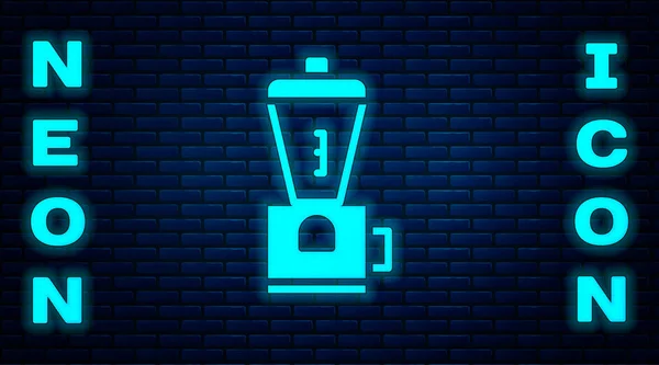 Parlayan Neon Işıklı Kahve Öğütücü Ikonu Tuğla Duvar Arka Planında — Stok Vektör
