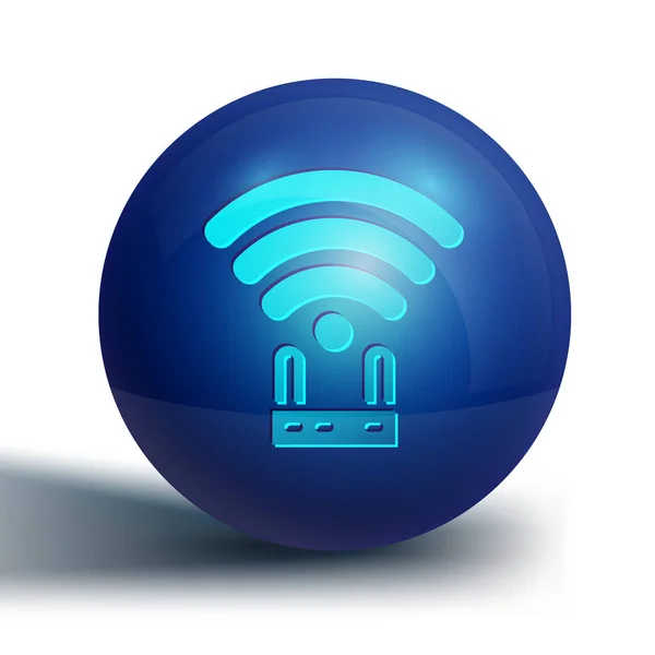 白い背景に隔離されたブルールーターとWi Fi信号アイコン ワイヤレスイーサネットモデムルーター コンピュータ技術インターネット 青い丸ボタン ベクトル — ストックベクタ