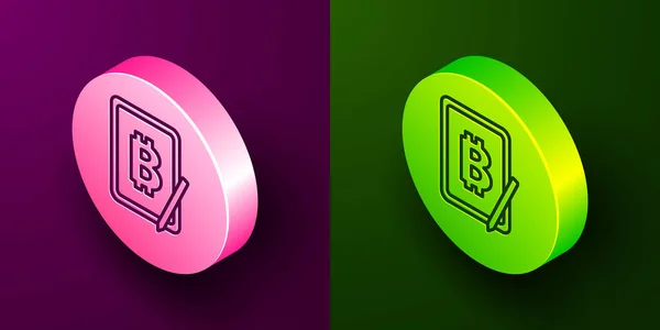 Isometric Line Mining Bitcoin Graphic Tablet Icon Isolated Purple Green — Stock Vector