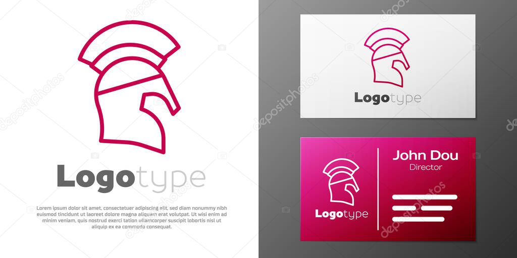 Logotype line Greek helmet icon isolated on white background. Antiques helmet for head protection soldiers with a crest of feathers or horsehair. Logo design template element. Vector.