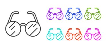 Siyah çizgi Gözlük simgesi beyaz arkaplanda izole edildi. Simgeleri renklendirin. Vektör.