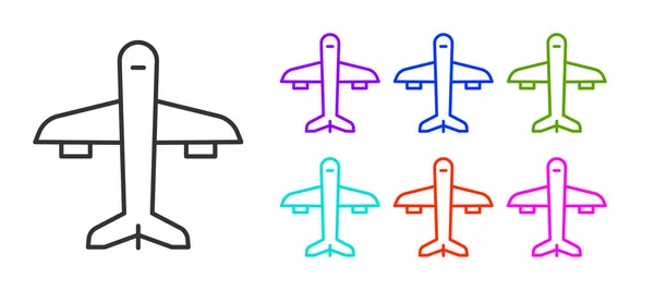 Zwarte Lijn Vliegtuig Pictogram Geïsoleerd Witte Achtergrond Vliegend Vliegtuig Icoon — Stockvector