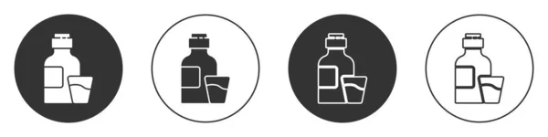 Zwarte Fles Geneesmiddelsiroop Dosismaatbeker Solide Pictogram Geïsoleerd Witte Achtergrond Cirkelknoop — Stockvector