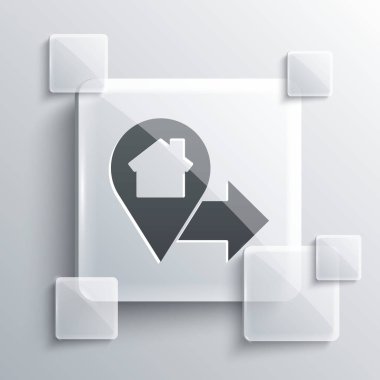 Gri arkaplanda ev simgesi olan gri harita işaretçisi. Ev konumu belirleyici sembol. Kare cam paneller. Vektör İllüstrasyonu.