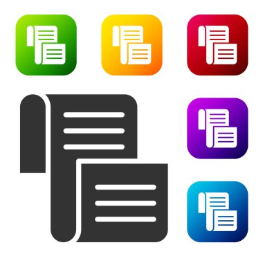 Siyah KHK, kağıt, parşömen, parşömen simgesi beyaz arkaplanda izole edilmiş. Renkli kare düğmelerle simgeleri ayarla. Vektör.
