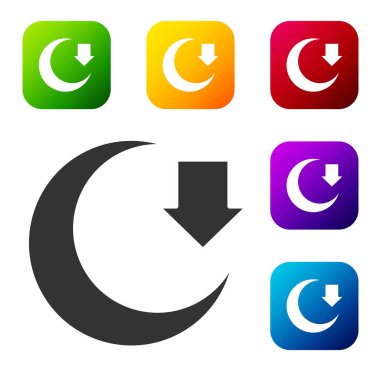 Siyah Ay simgesi beyaz arkaplanda izole edildi. Renkli kare düğmelerle simgeleri ayarla. Vektör.