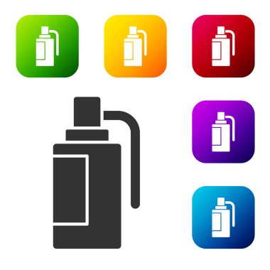 Siyah El bombası ikonu beyaz arka planda izole edildi. Bomba patlaması. Renkli kare düğmelerle simgeleri ayarla. Vektör.