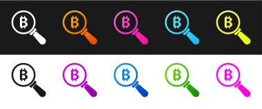 Set Magnifying glass with Bitcoin icon isolated on black and white background. Physical bit coin. Blockchain based secure crypto currency.  Vector.