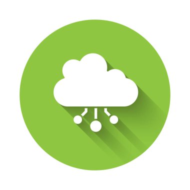 Beyaz Kripto para birimi bulut maden ikonu uzun gölgeli izole. Engelleme teknolojisi, bitcoin, dijital para piyasası, kripto para cüzdanı. Yeşil daire düğmesi. Vektör.