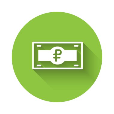 White Russian ruble banknote icon isolated with long shadow. Green circle button. Vector.