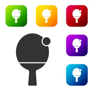 Masa tenisi ikonunu oynamak için siyah raket beyaz arka planda izole edilmiş. Renkli kare düğmelerle simgeleri ayarla. Vektör.