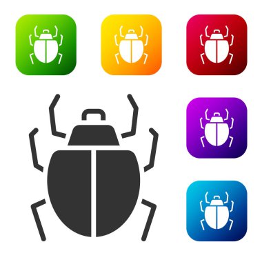 Siyah Mite simgesi beyaz arkaplanda izole edildi. Renkli kare düğmelerle simgeleri ayarla. Vektör.