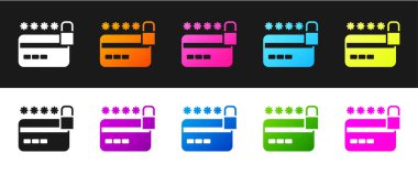 Siyah ve beyaz arkaplanda kilit simgesine sahip kredi kartını ayarla. Kilitli banka kartı. Güvenlik, güvenlik, koruma. Güvenli ödeme kavramı. Vektör.