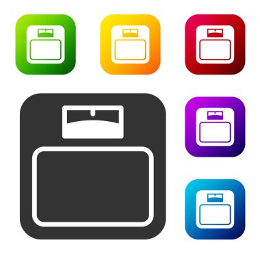 Siyah banyo ölçekli ikon beyaz arka planda izole edilmiş. Ağırlık ölçme ekipmanı. Ağırlık ölçeği spor konsepti. Renkli kare düğmelerle simgeleri ayarla. Vektör.