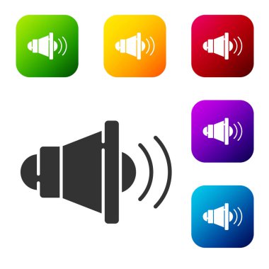 Siyah Hoparlör sesi, ses sembolü, beyaz arkaplanda izole edilmiş medya müzik ikonu. Renkli kare düğmelerle simgeleri ayarla. Vektör.