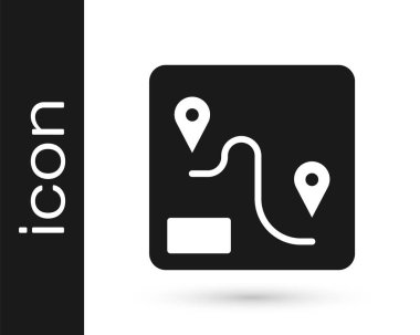 Siyah Yol konum simgesi beyaz arkaplanda izole edildi. Tren yolu güzergahının başlangıç noktası GPS ve tire çizgisi olan yolu. Vektör.