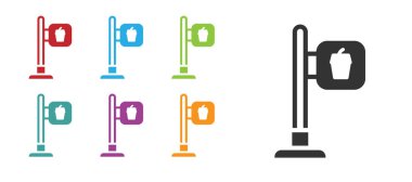 Siyah kafe ve restoran konumu simgesi beyaz arka planda izole edildi. Noktanın içinde çatal ve kaşık yeme işareti var. Simgeleri renklendirin. Vektör..