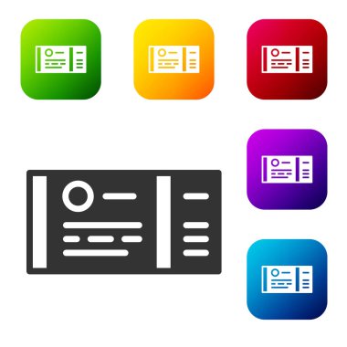 Siyah tren bileti ikonu beyaz arka planda izole edildi. Demiryolu ile seyahat et. Renkli kare düğmelerle simgeleri ayarla. Vektör.