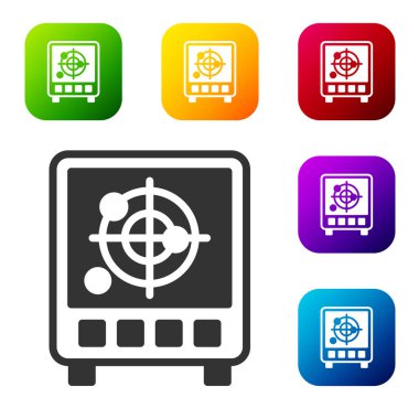 Beyaz arkaplanda izole edilmiş simgeyi ararken hedefleri olan siyah radar. Arama sistemi. Donanma sonarı. Renkli kare düğmelerle simgeleri ayarla. Vektör.