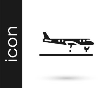 Siyah düzlem simgesi beyaz arkaplanda izole edildi. Uçan uçak ikonu. Uçak tabelası. Vektör.