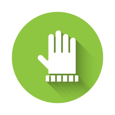 Uzun gölgeli beyaz Noel eldiveni ikonu. Yeşil daire düğmesi. Vektör.