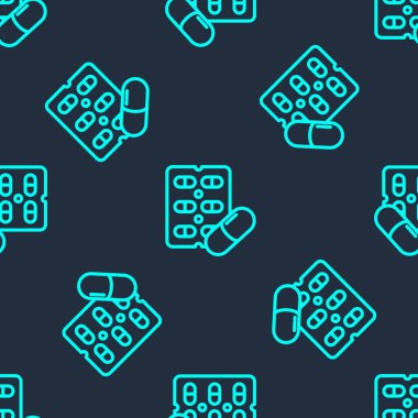 Yeşil çizgi hapları mavi arka planda izole edilmiş ikon şeklinde. İlaç paketi. Tablet, vitamin, antibiyotik, aspirin. Vektör İllüstrasyonu.