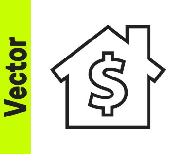 Beyaz arka planda dolar sembolü olan siyah çizgi evi. Ev ve para. Emlak konsepti. Vektör İllüstrasyonu.