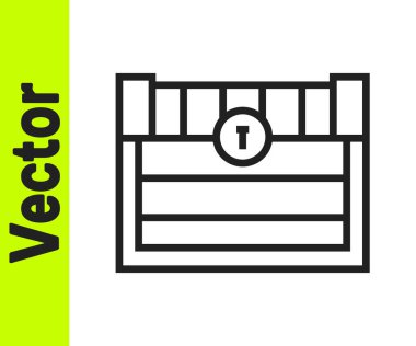 Siyah çizgi antika hazine sandığı resmi beyaz arka planda izole edilmiş. Altın sikkeli klasik tahta sandık. Vektör.