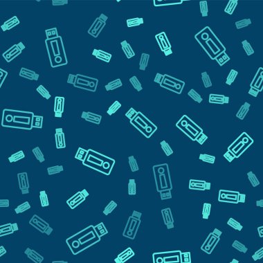 Yeşil çizgi USB flash disk simgesi mavi arkaplanda izole edilmiş pürüzsüz desen. Vektör.