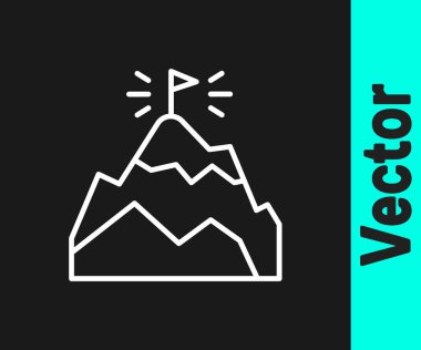 Üzerinde bayrak olan beyaz çizgi dağları siyah arkaplanda izole edilmiş. Zaferin ya da başarının sembolü. Gol başarısı. Vektör.