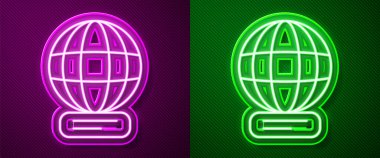 Parlayan neon hattı dünya çapında simge mor ve yeşil arkaplanda izole edildi. Yerküreye iğnele. Vektör.