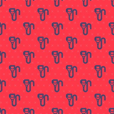 Mavi çizgi telsiz ikonu kırmızı arkaplanda izole edilmiş pürüzsüz desen. Taşınabilir radyo vericisi simgesi. Radyo alıcı-vericisi işareti. Vektör.