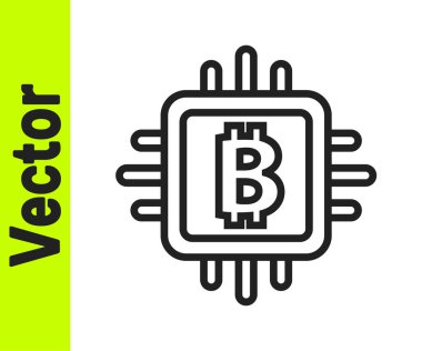 Siyah çizgi işlemci çiftlik ikonu beyaz arka planda izole edildi. İşlemcinin içinde bitcoin işareti. Kripto para madenciliği topluluğu. Dijital para. Vektör.