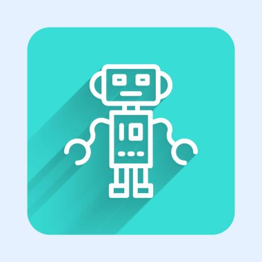 Beyaz çizgi robot oyuncak ikonu uzun gölgeli izole edilmiş. Yeşil kare düğmesi. Vektör.