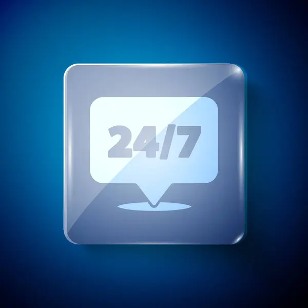 青色の背景に隔離されたホワイトクロック24時間アイコン 丸一日アイコン 24時間サービスシンボル 正方形のガラスパネル ベクターイラスト — ストックベクタ