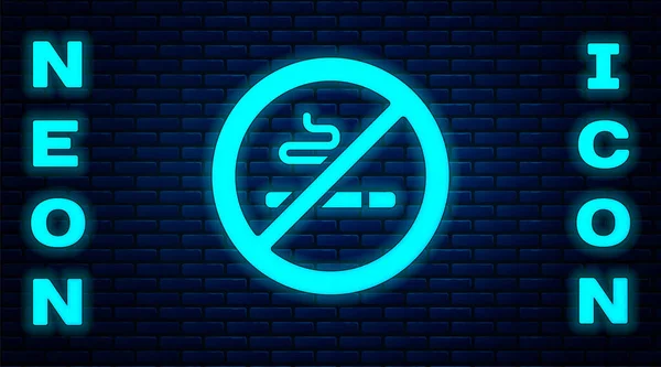 輝くネオンレンガの壁の背景に隔離された禁煙アイコン タバコのシンボル ベクトル — ストックベクタ
