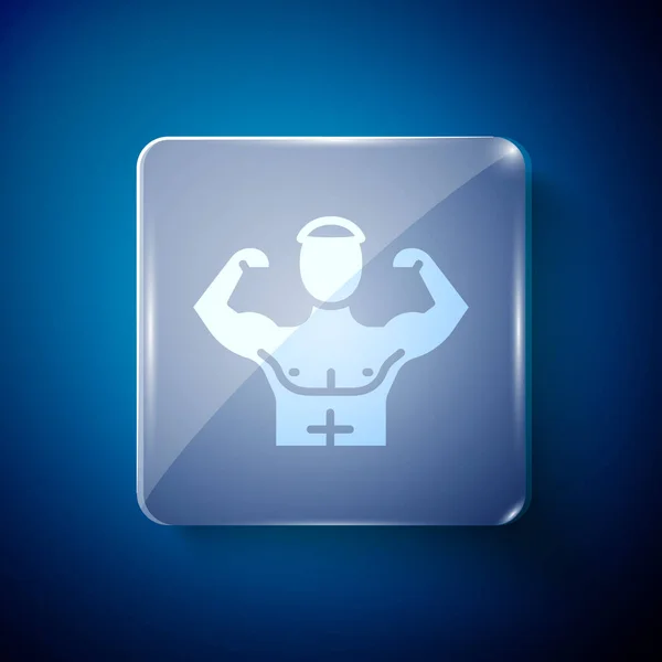 白色健美运动员展示他的肌肉图标孤立在蓝色背景 健身力量健康爱好的概念 方块玻璃面板 — 图库矢量图片
