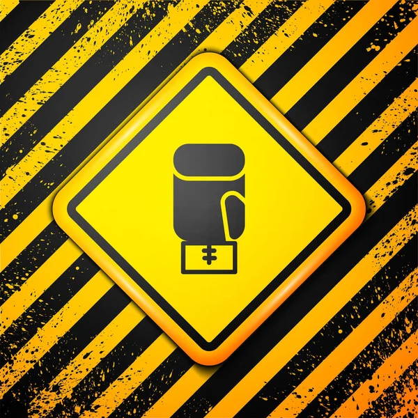 黄色の背景に隔離されたブラックボクシンググローブアイコン 警告サインだ ベクトル — ストックベクタ