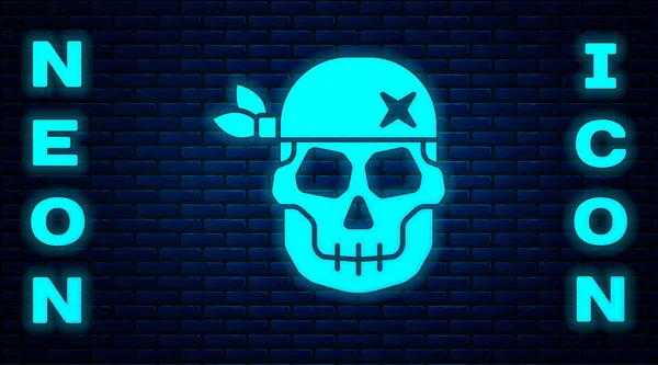 Glowing Neon Skull Icon Isolated Brick Wall Background Happy Halloween — Stock Vector